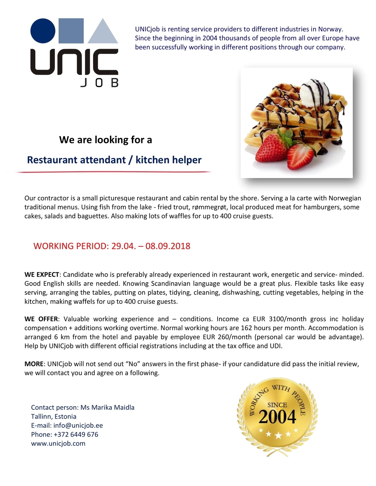 Unic Management OÜ Restaurant attendant / kitchen helper
