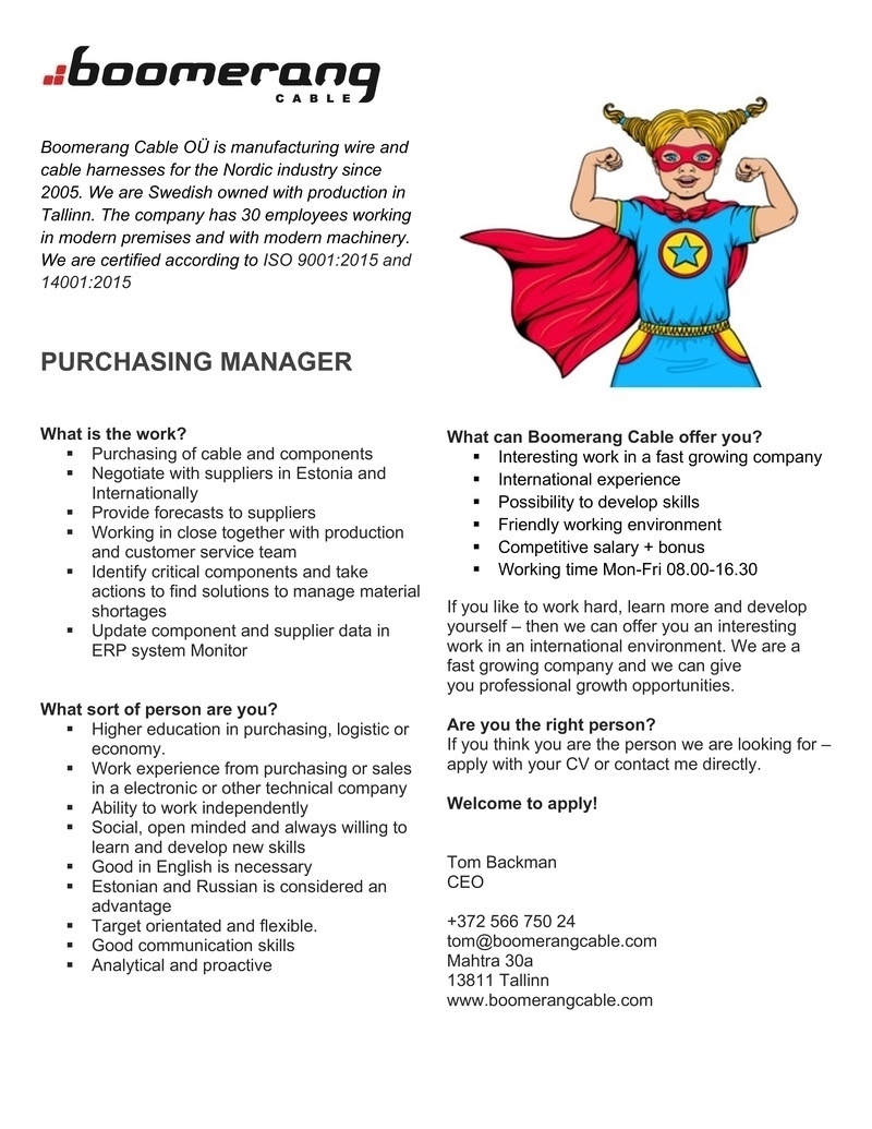 BOOMERANG CABLE OÜ PURCHASING MANAGER