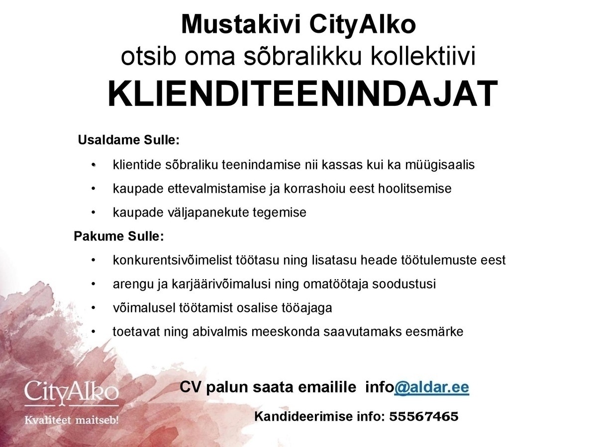 Aldar Eesti OÜ Klienditeenindaja Mustakivi CityAlkosse