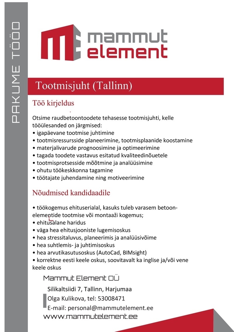 Mammut Element OÜ Tootmisjuht (Tallinn)
