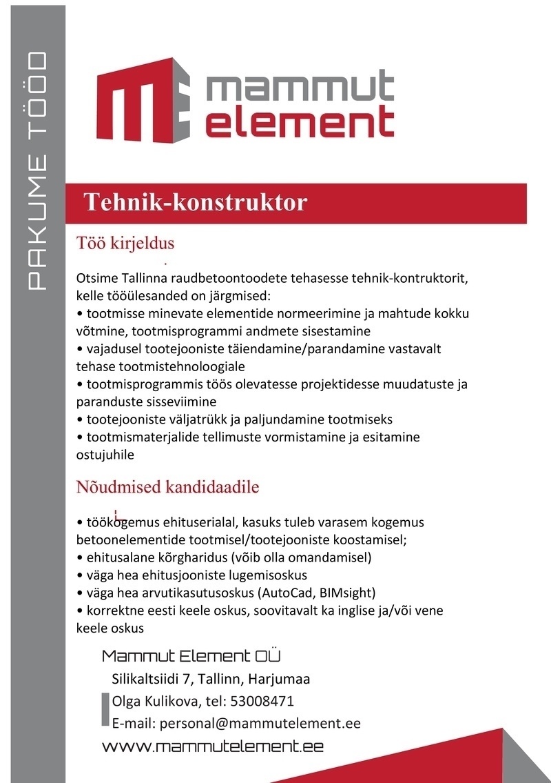 Mammut Element OÜ Tehnik-konstruktor