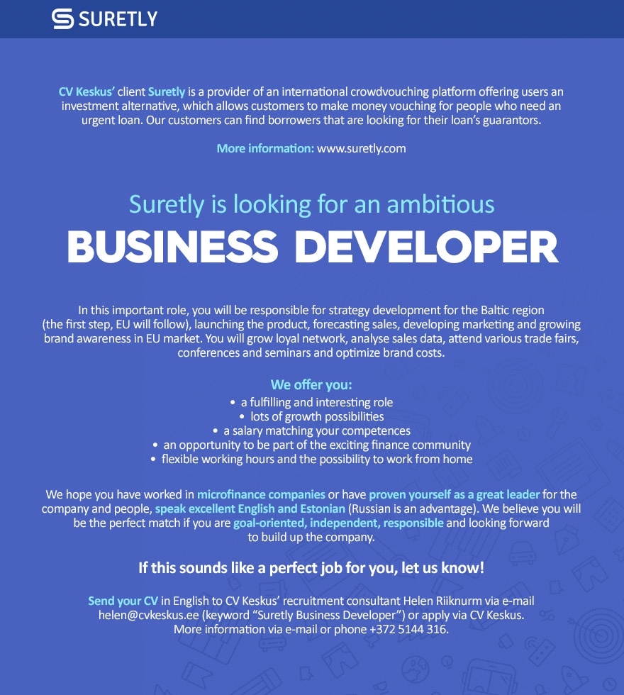 CV KESKUS OÜ Suretly is looking for a business developer!