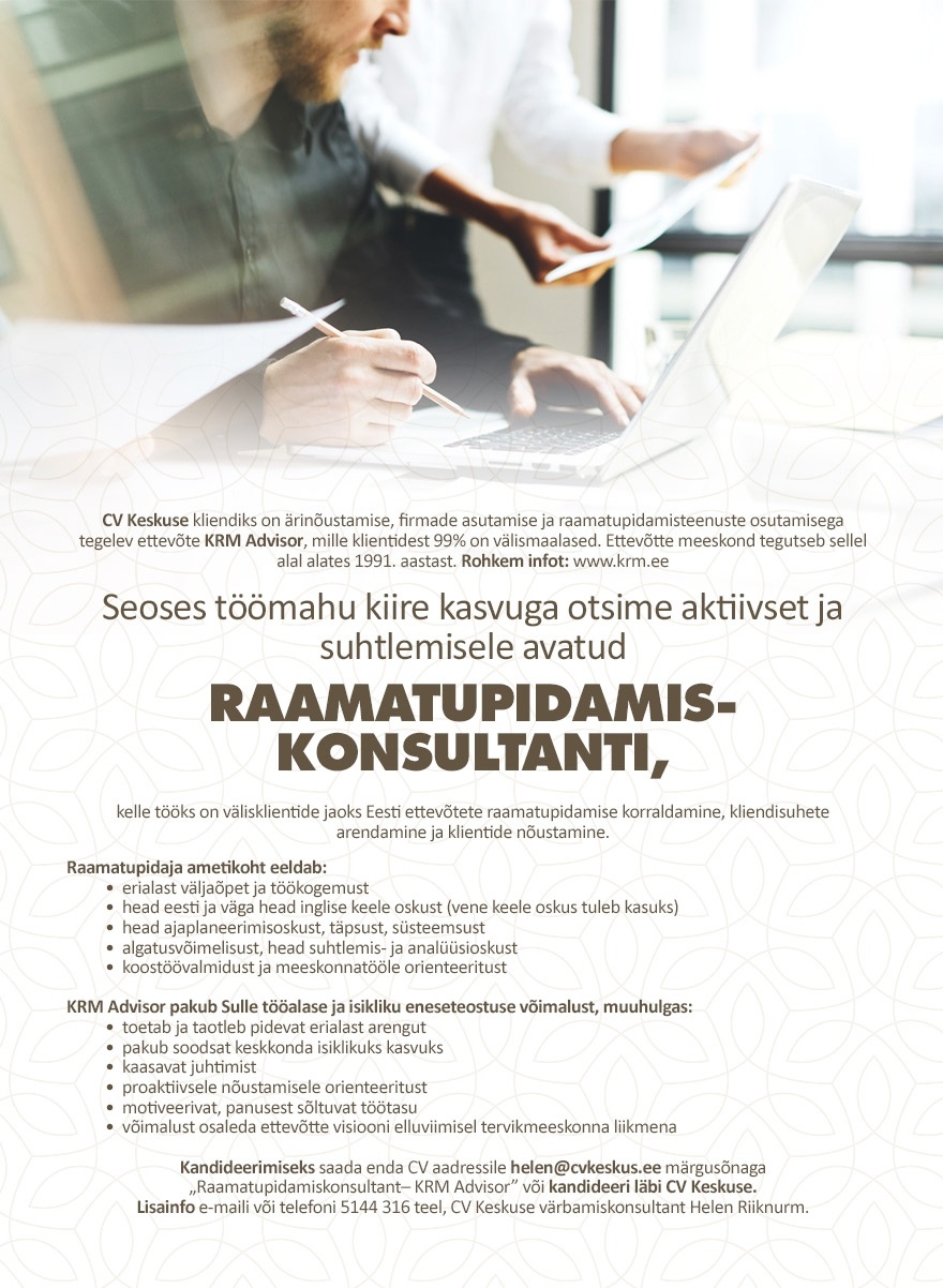 CV KESKUS OÜ Raamatupidamiskonsultant (KRM Advisor)
