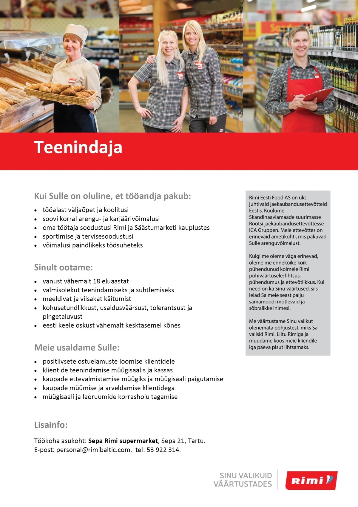 Rimi Eesti Food AS Teenindaja (kassas ja saalis)  - Sepa Rimi supermarket