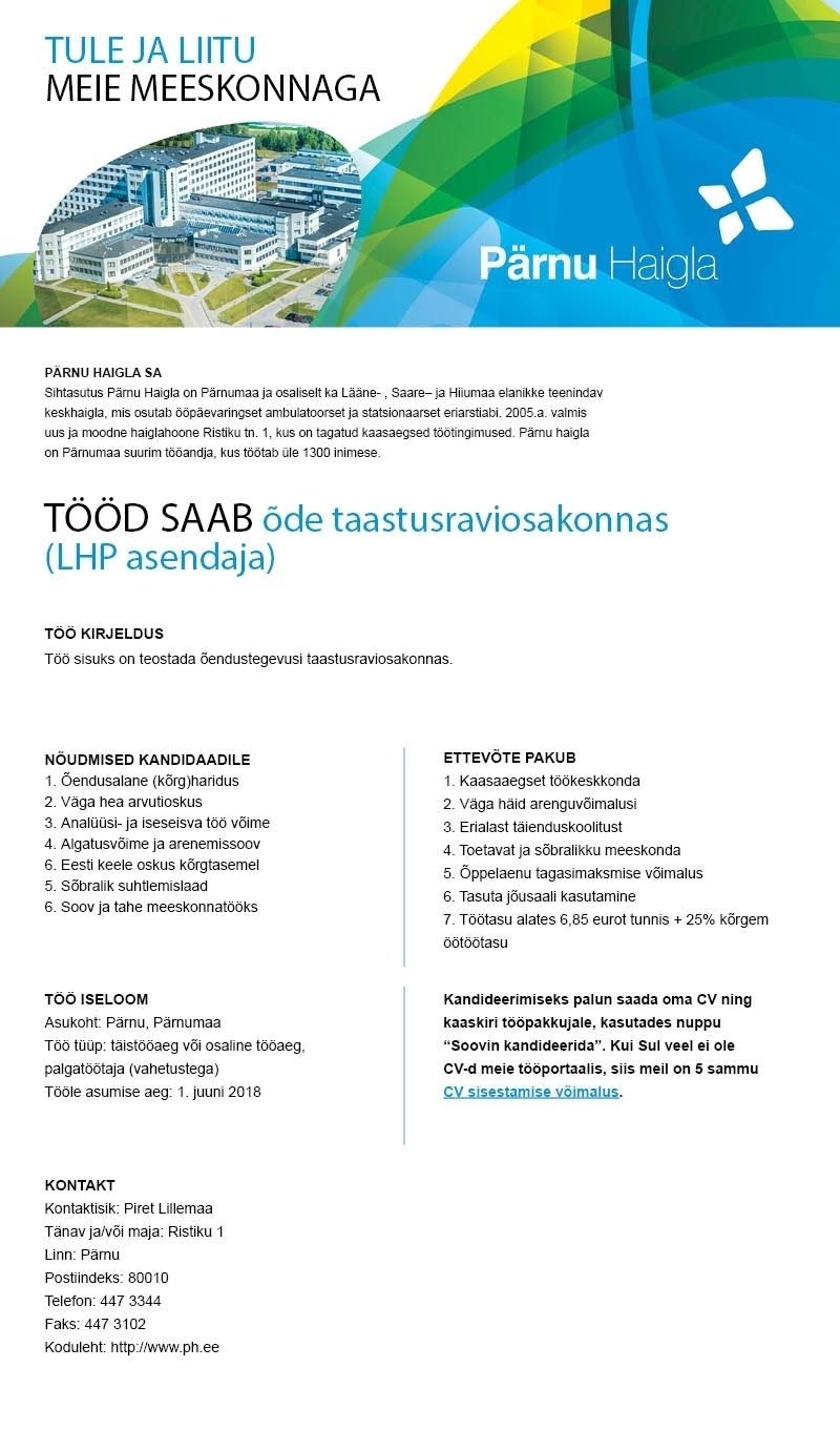 Pärnu Haigla SA Õde taastusraviosakonda (LHP asendaja)