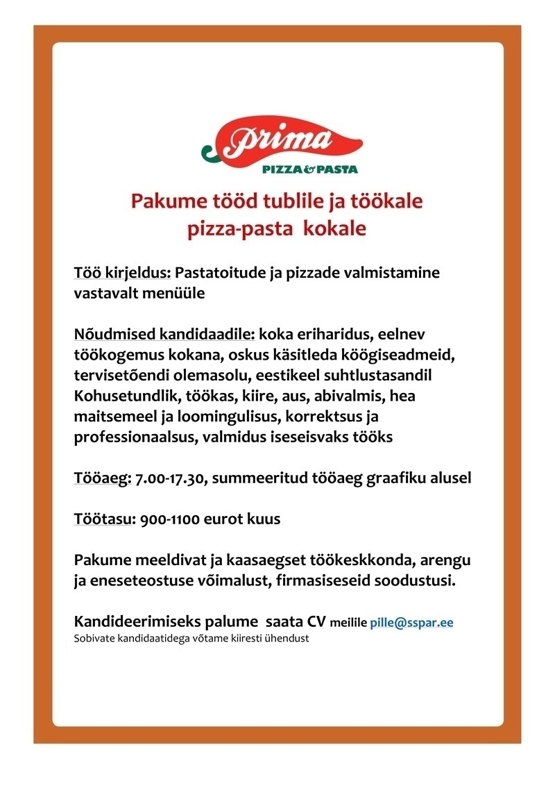 Select Service Partner Eesti AS Pizza-pasta kokk