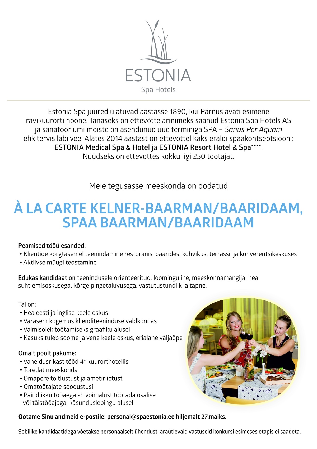 Estonia Spa Hotels AS Kelner-baarman