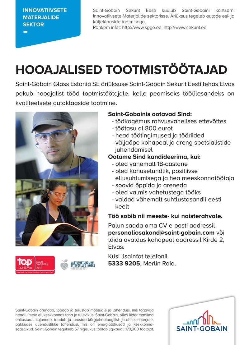SAINT-GOBAIN GLASS ESTONIA SE Hooajalised tootmistöötajad