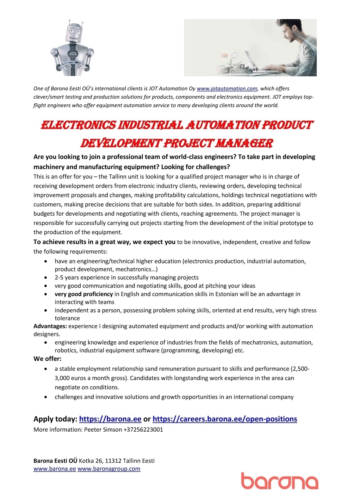 Barona Eesti OÜ Electronics industrial automation PRODUCT DEVELOPMENT PROJECT MANAGER
