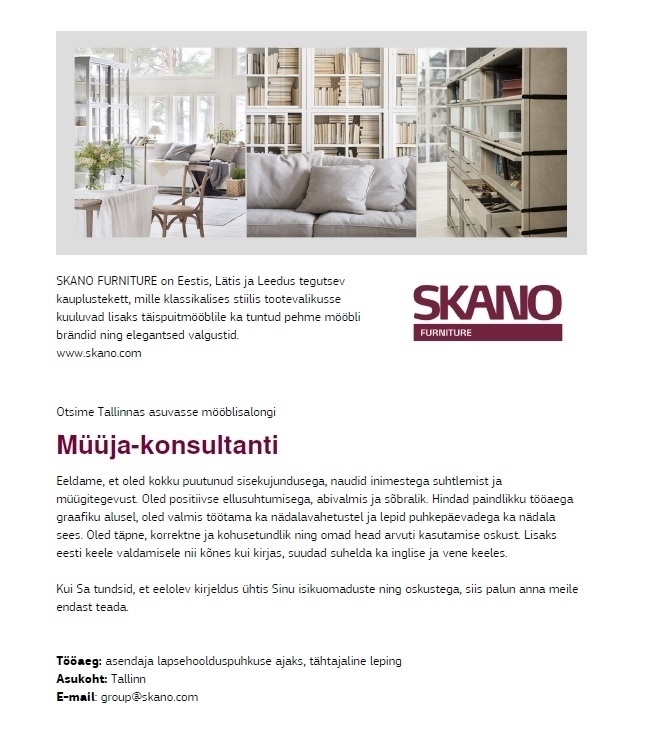 Skano Furniture OÜ Müüja-konsultant