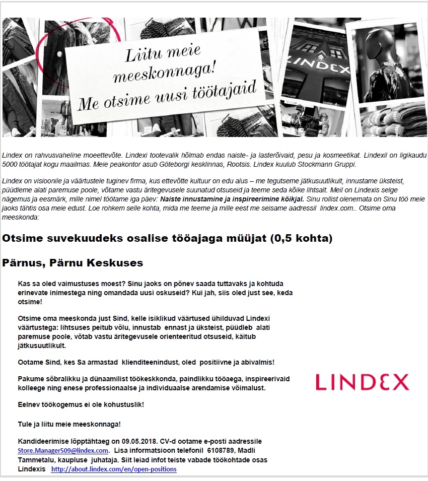 LINDEX EESTI OÜ Osalise tööajaga müüjat Pärnu Keskusesse