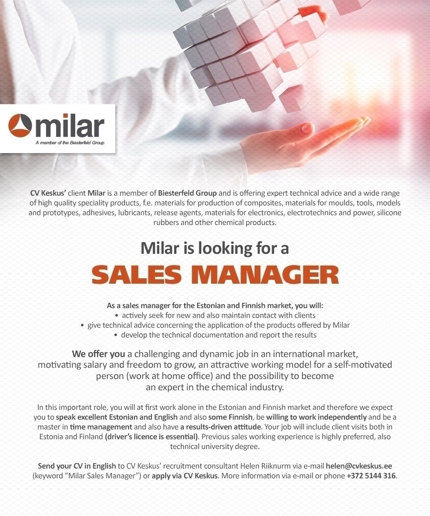 CV KESKUS OÜ Sales manager (Milar)