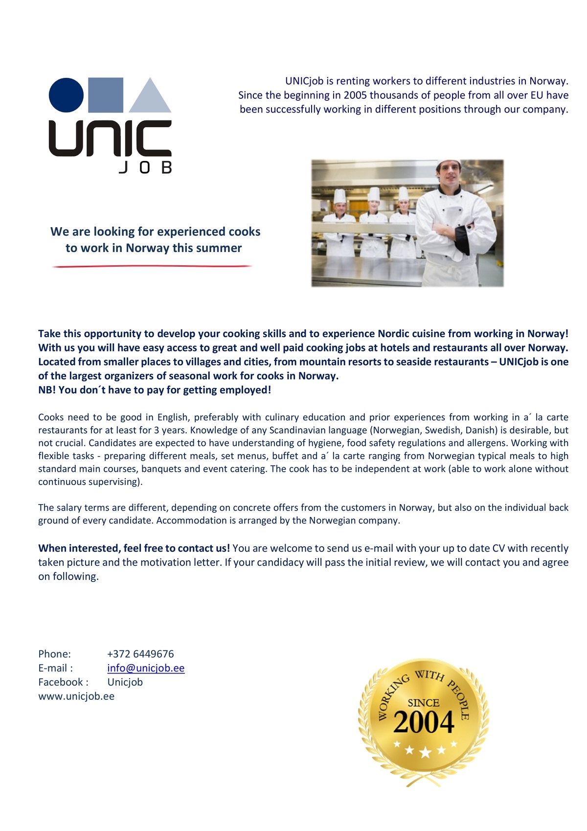 Unic Management OÜ Cooks to work in Norway this summer