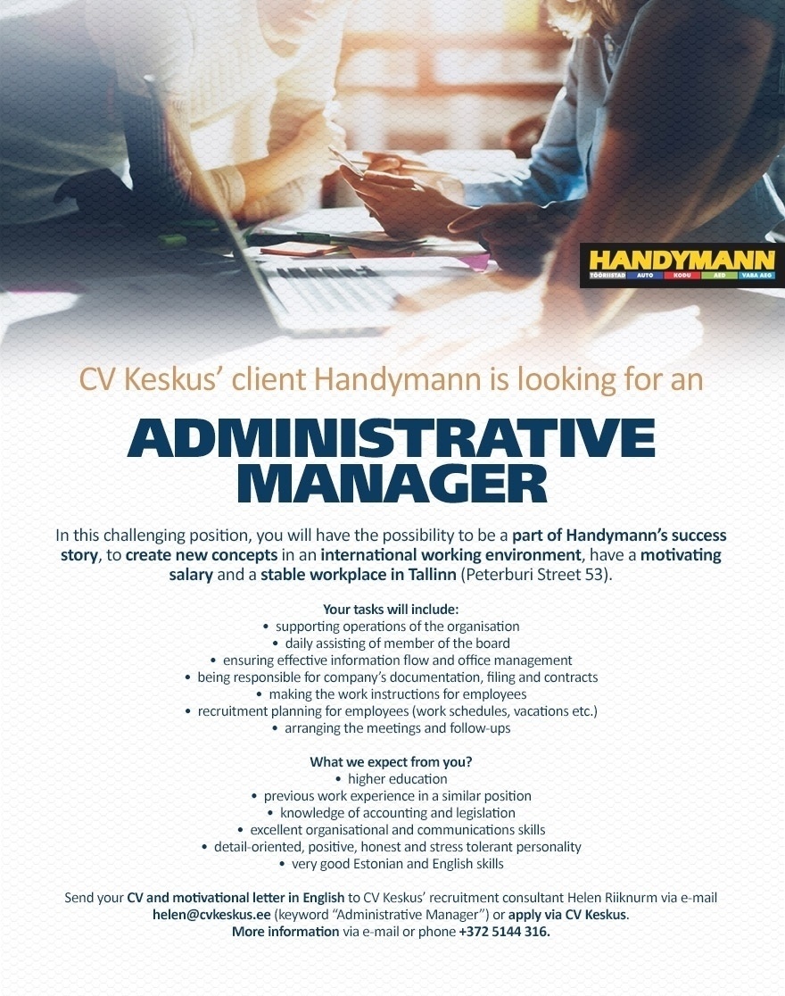 CV KESKUS OÜ Administrative manager (Handymann OÜ)