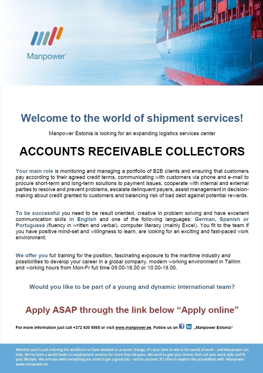 Manpower OÜ Accounts Receivable Collectors (English and German/Spanish/Portuguese speaking)