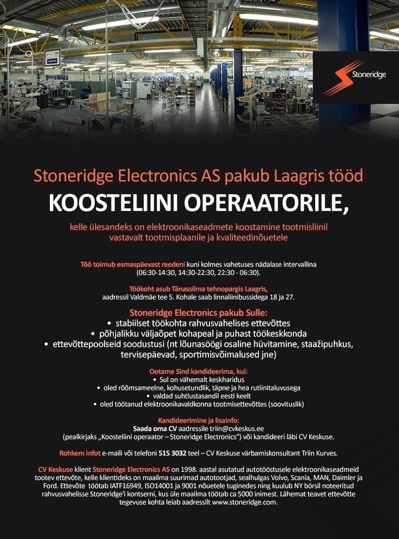 Stoneridge Electronics AS Koosteliini operaator (Stoneridge Electronics AS)