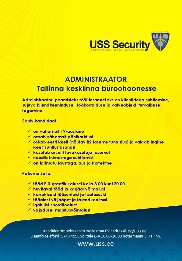 USS SECURITY EESTI AS Administraator Tallinna kesklinna büroohoonesse