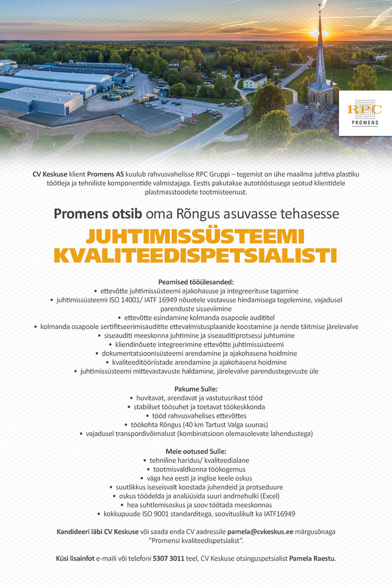 Promens AS Juhtimissüsteemi kvaliteedispetsialist (Promens AS)