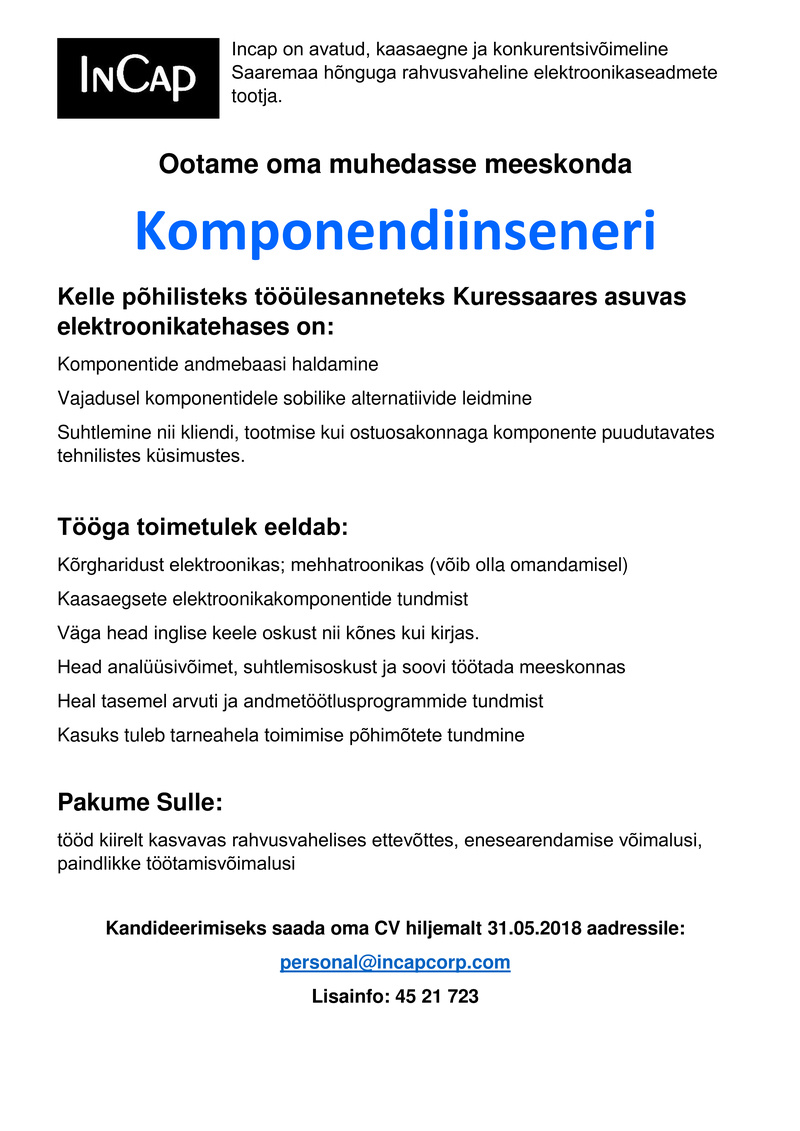 Incap Electronics Estonia OÜ Komponendiinsener