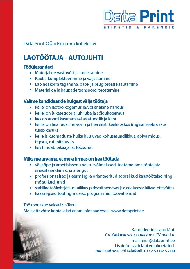 Data Print OÜ Laotöötaja - autojuht