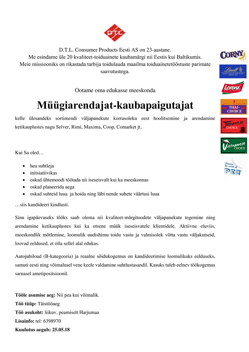 D.T.L. Consumer Products Eesti AS Müügiarendaja-kaubapaigutaja
