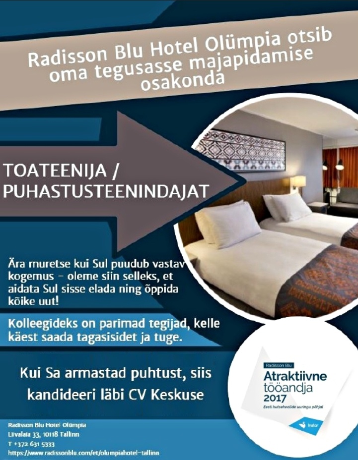 Radisson Blu Hotel Olümpia, Tallinn Toateenija / puhastusteenindaja