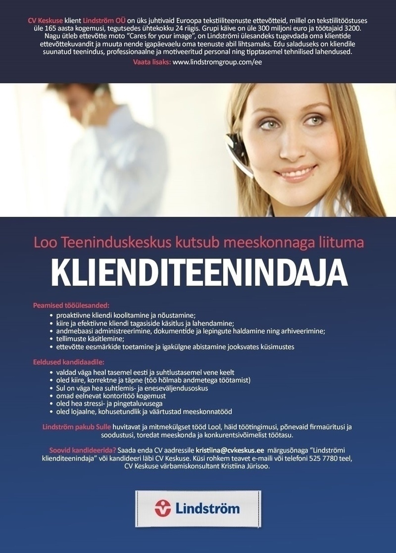 Lindström OÜ Lindström otsib ärikliendi (B2B)särasilmset klienditeenindajat