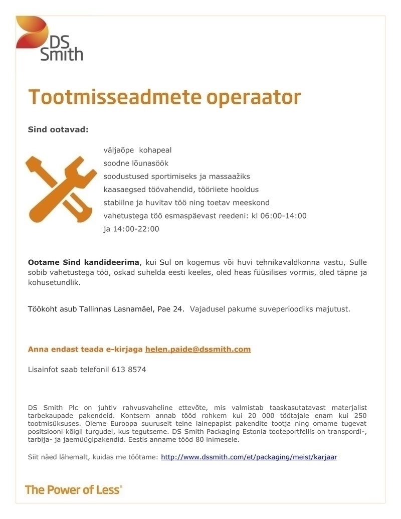 DS Smith Packaging Estonia AS Tootmisseadmete operaator