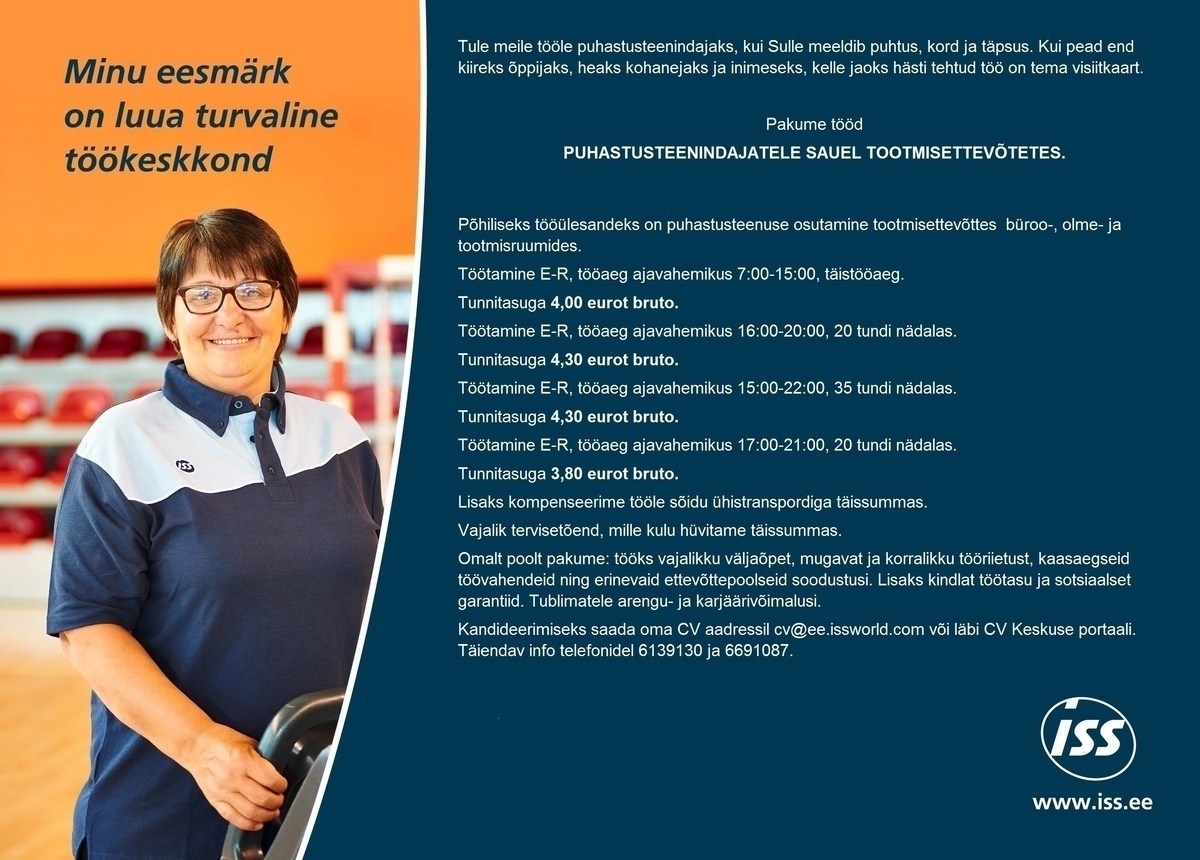 ISS Eesti AS Puhastusteenindaja Sauel tootmisettevõttes tunnitasuga kuni 4,30 €