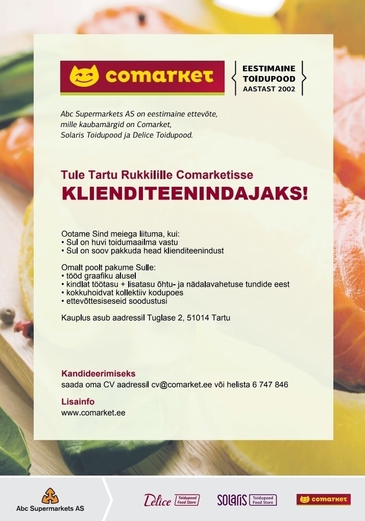Abc Supermarkets AS KLIENDITEENINDAJA Tartu Rukkilille Comarketisse