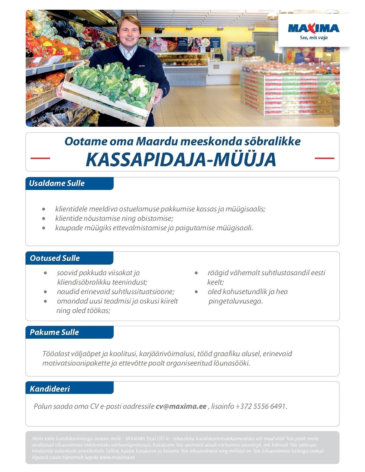 Maxima Eesti OÜ Kassapidaja-müüja Maardu Maximas