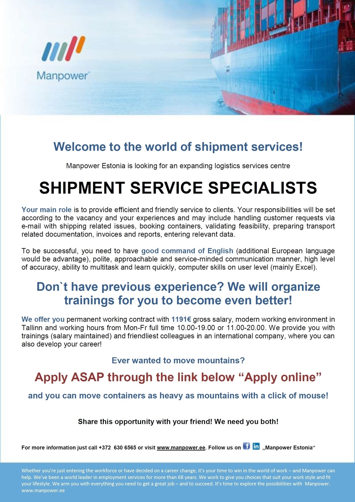 Manpower OÜ  SHIPMENT SERVICE SPECIALIST