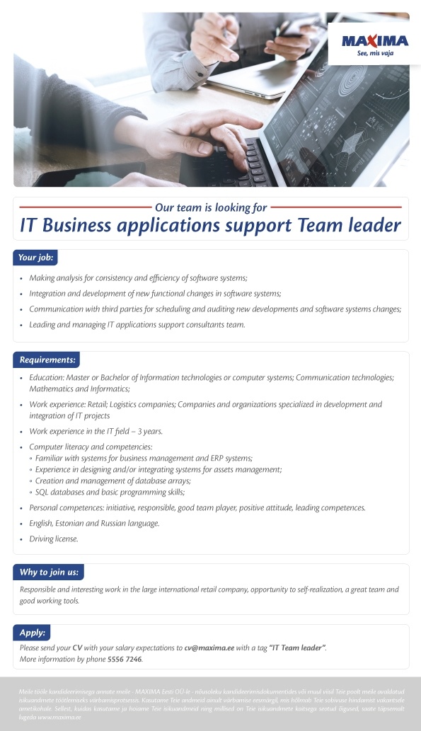 Maxima Eesti OÜ IT Business applications support Team leader