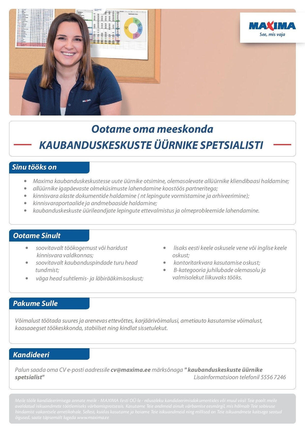 Maxima Eesti OÜ Kaubanduskeskuste üürnike spetsialist 