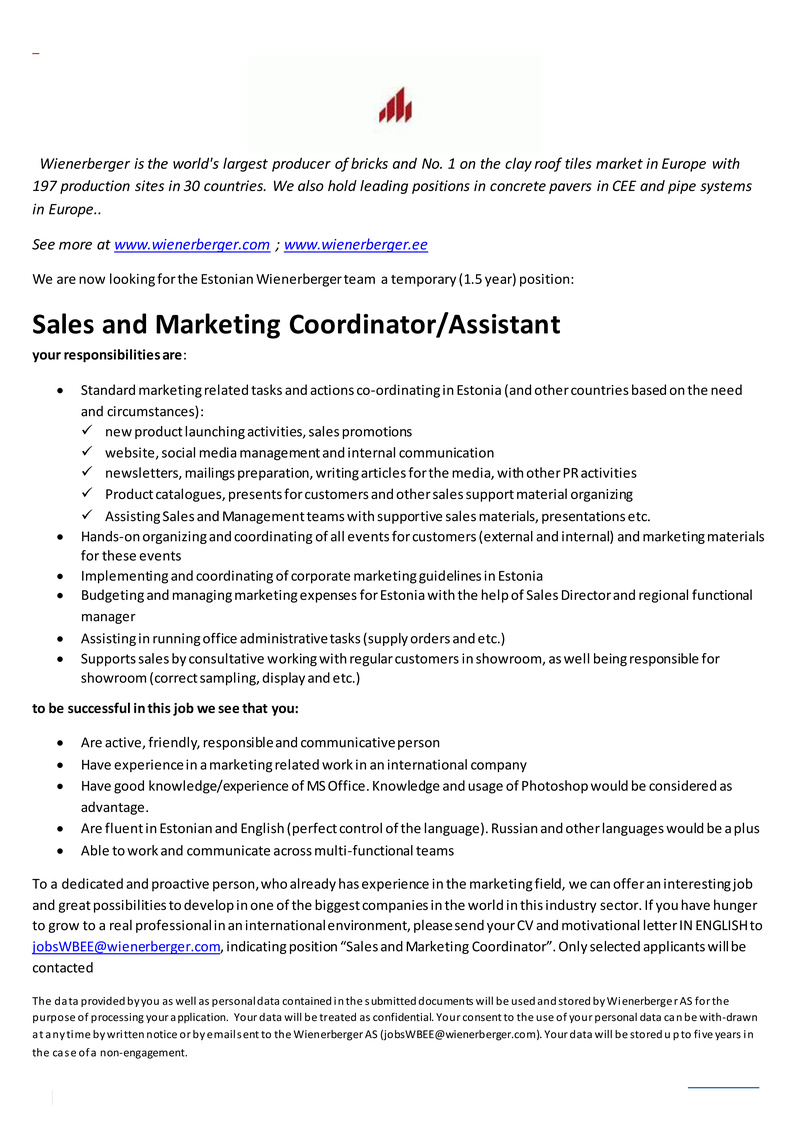 WIENERBERGER AS Sales and Marketing Coordinator/Assistant