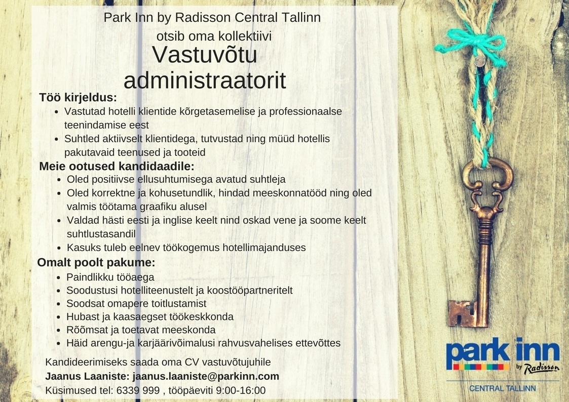 Park Inn by Radisson Central Tallinn Vastuvõtu administraator