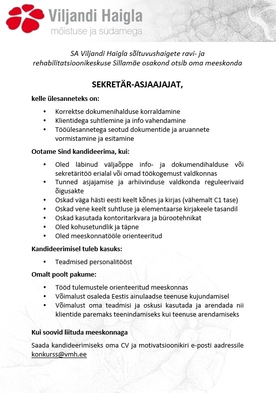 Viljandi Haigla SA Sekretär-asjaajaja