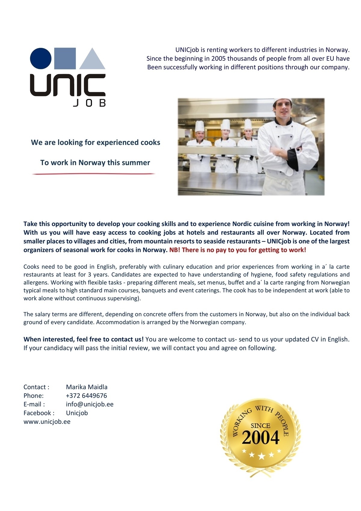 Unic Management OÜ Work for Cook in Norway