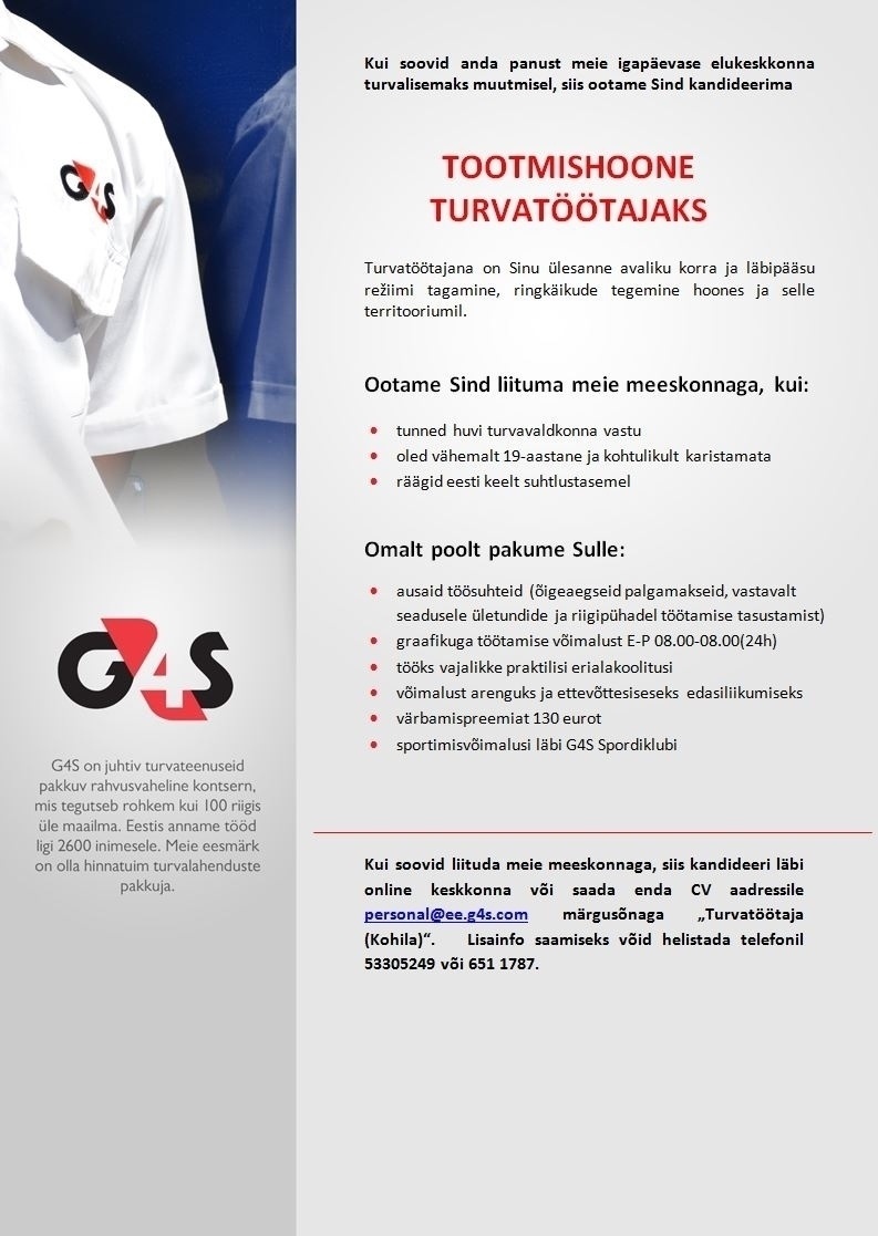 AS G4S Eesti Tootmishoone turvatöötaja (Kohila)