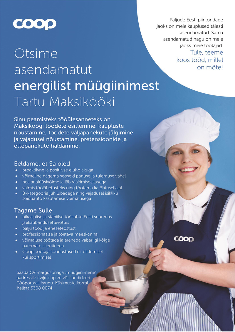 Coop Eesti Keskühistu Energiline ja tulemuslik müügiinimene (Maksiköök)