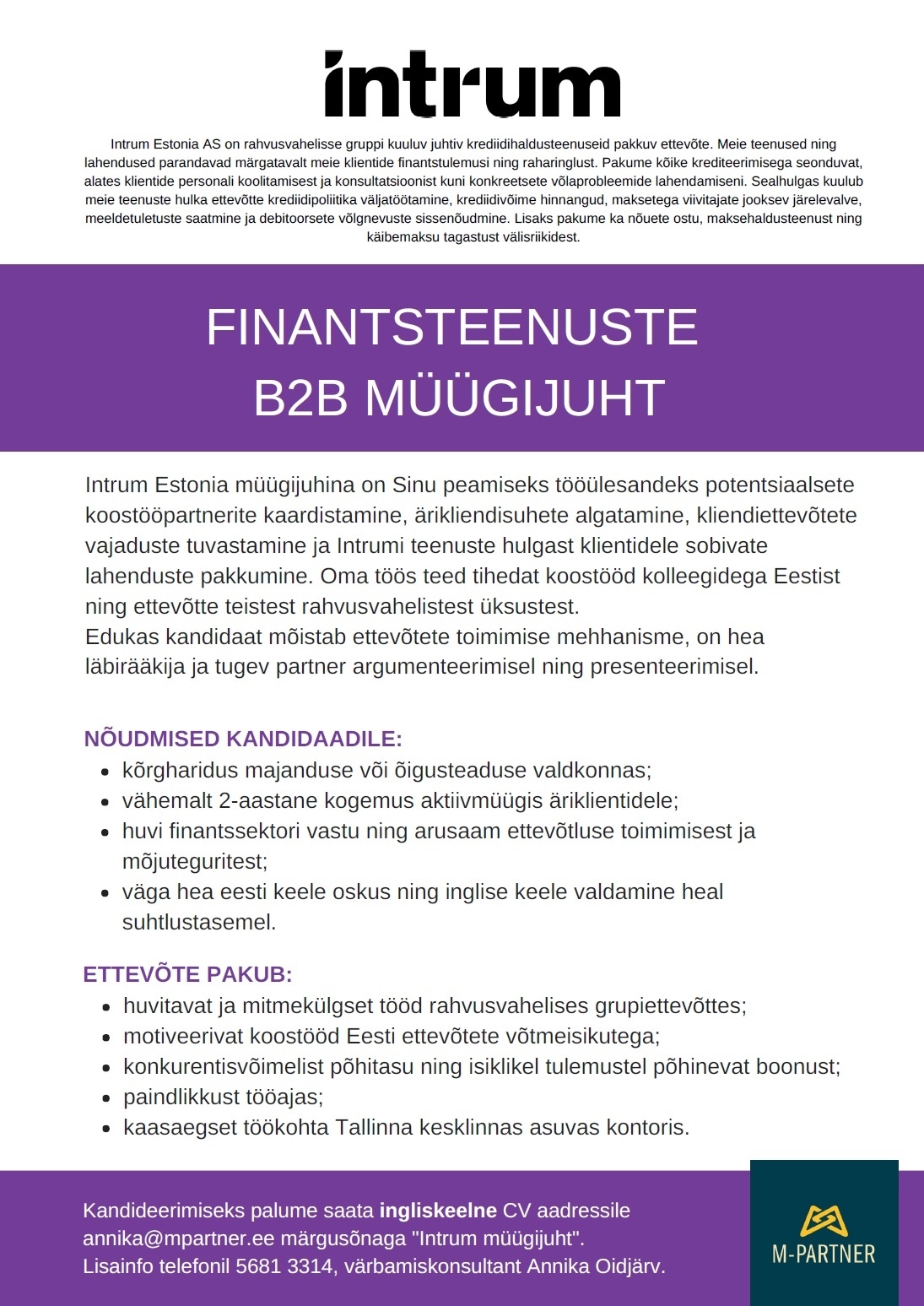M-Partner HR OÜ Finantsteenuste B2B müügijuht