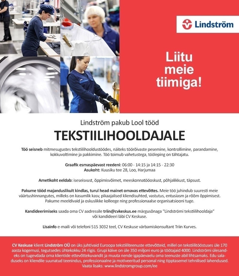 Lindström OÜ Lindström pakub tööd töörõivaste tekstiilihooldajale