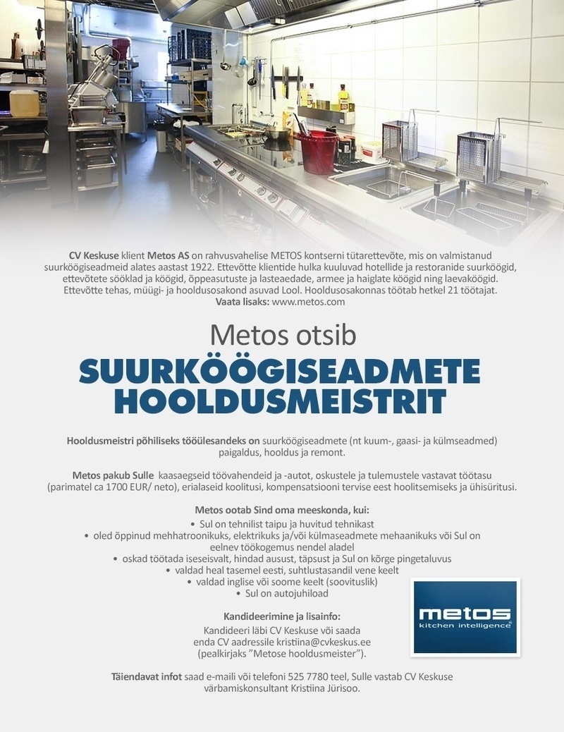 Metos AS Metos otsib suurköögiseadmete hooldusmeistrit (Pärnumaa)