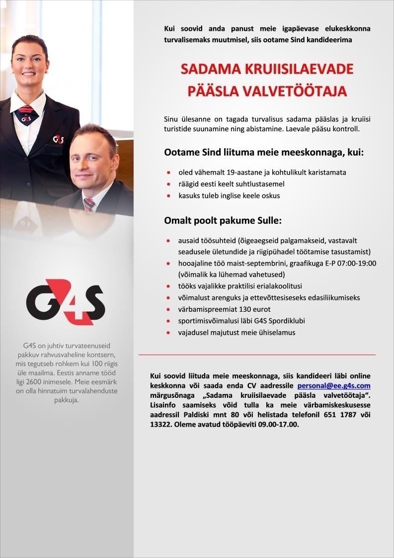 AS G4S Eesti Sadama kruiisilaevade pääsla valvetöötaja (hooajaline)
