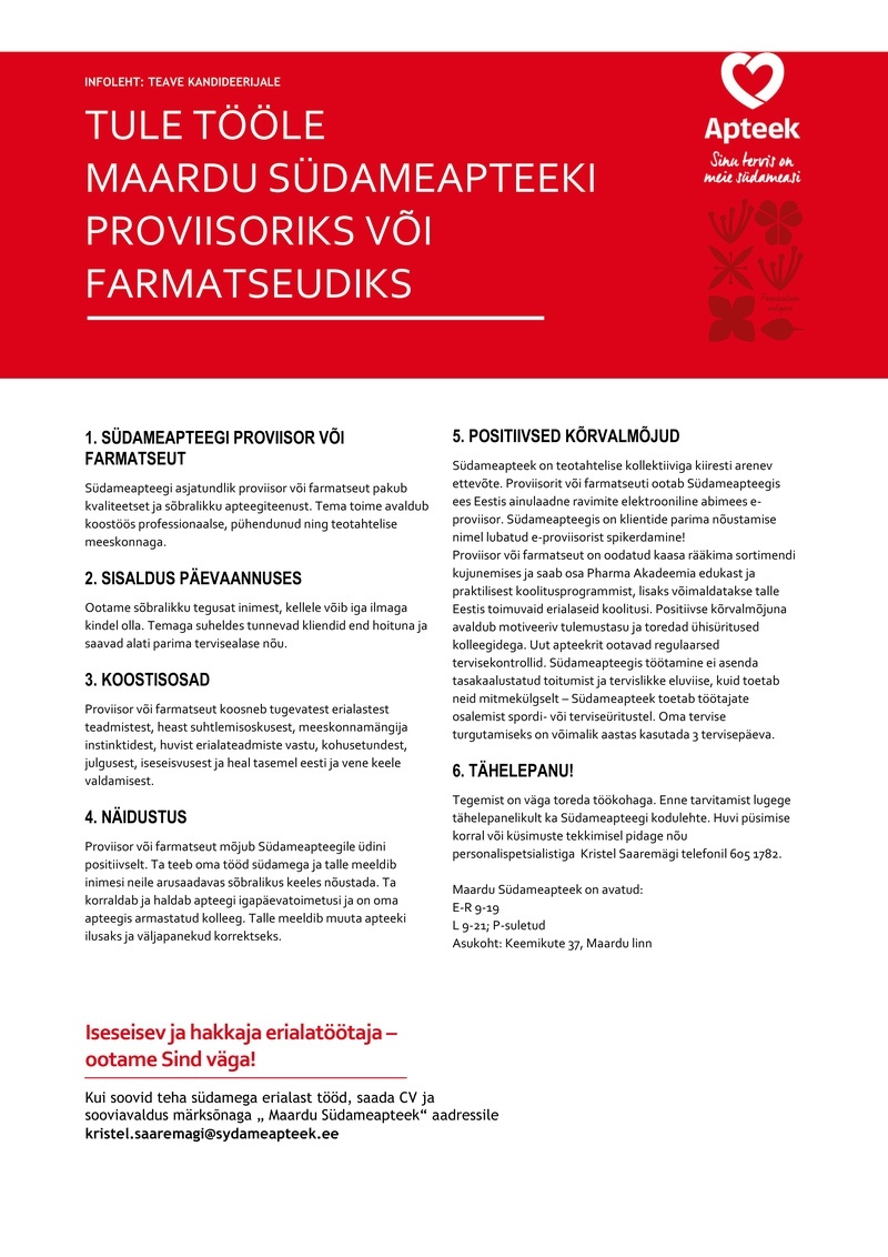 Pharma Holding OÜ Farmatseut või proviisor Maardu Südameapteegis