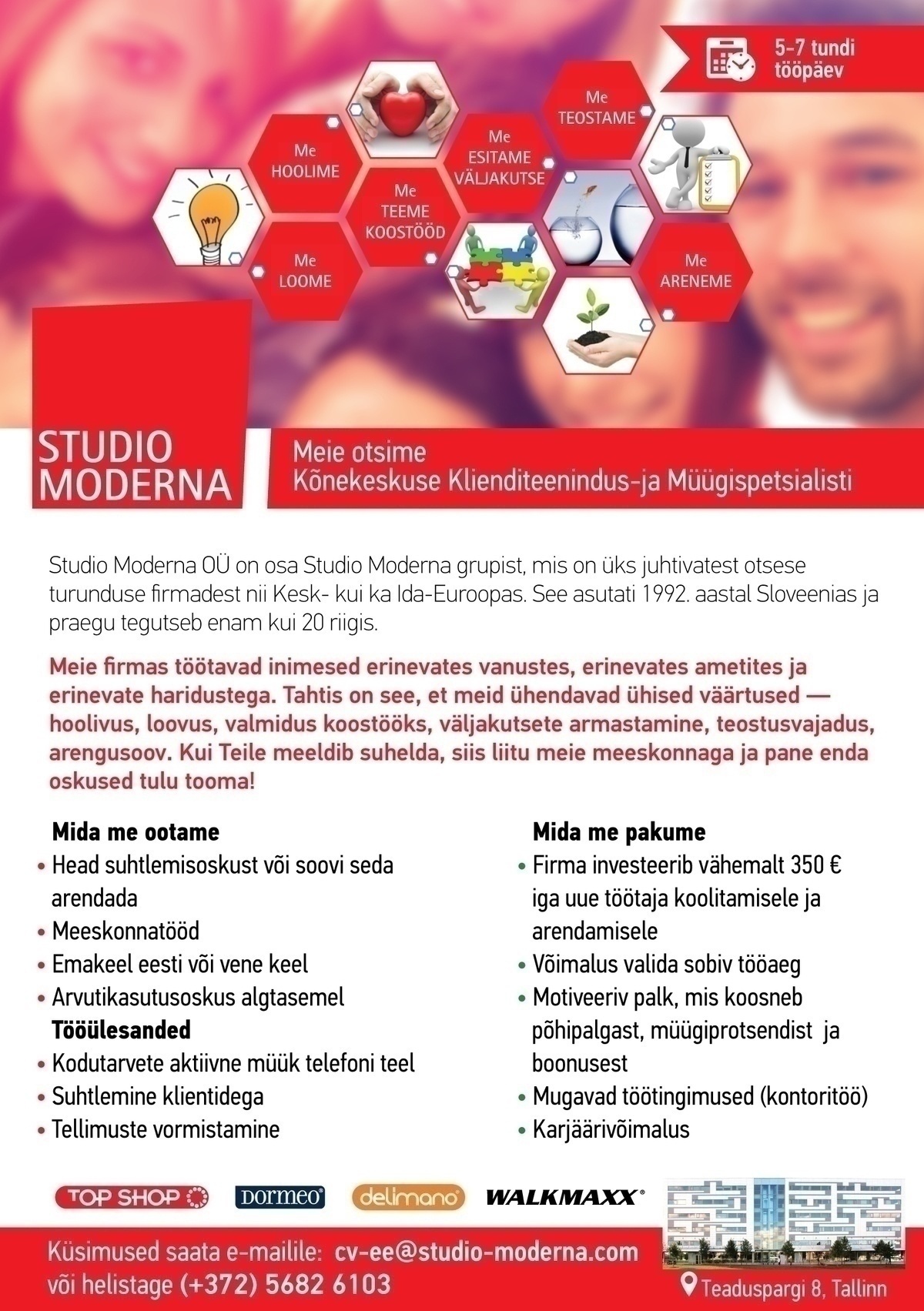 STUDIO MODERNA OÜ Klienditeeninduse ja müügispetsialist
