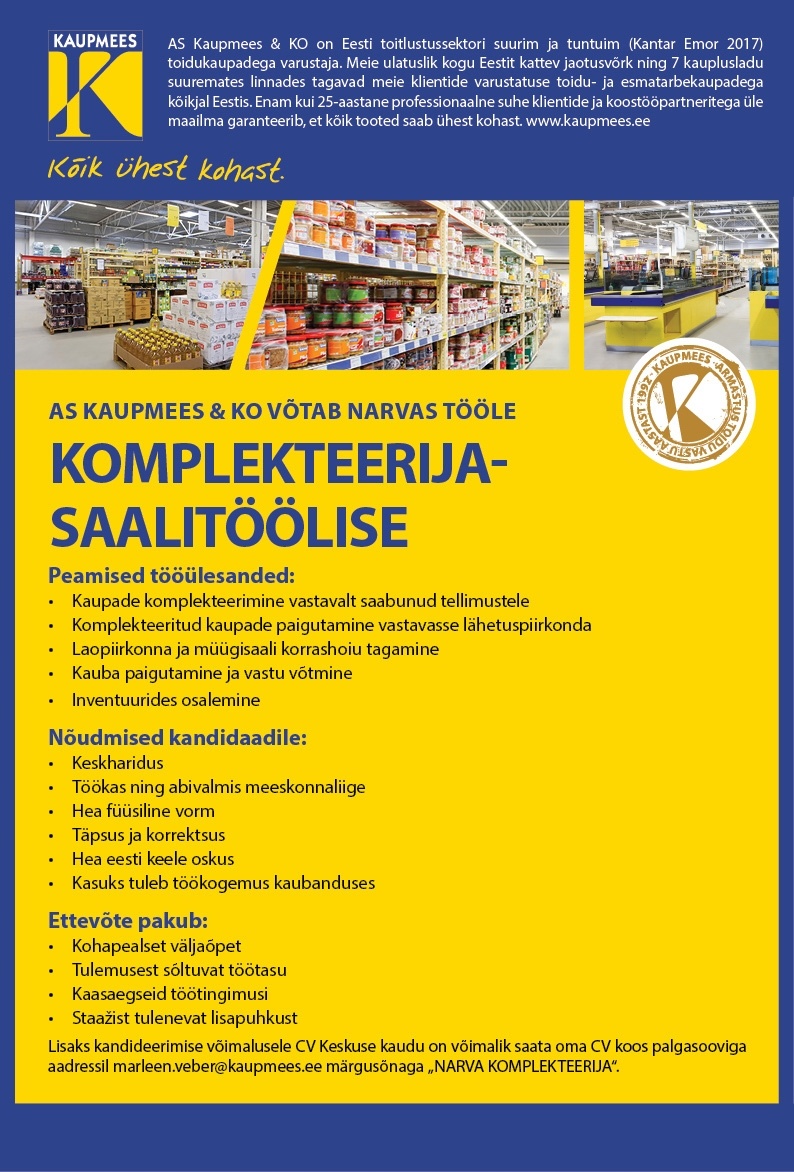 Kaupmees & Ko AS Komplekteerija-saalitööline Narva kauplus-lattu