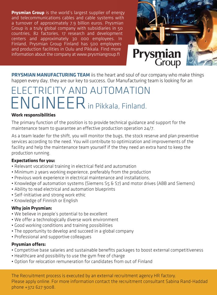 Prysmian Group Elektri- ja automaatikainsener Soomes