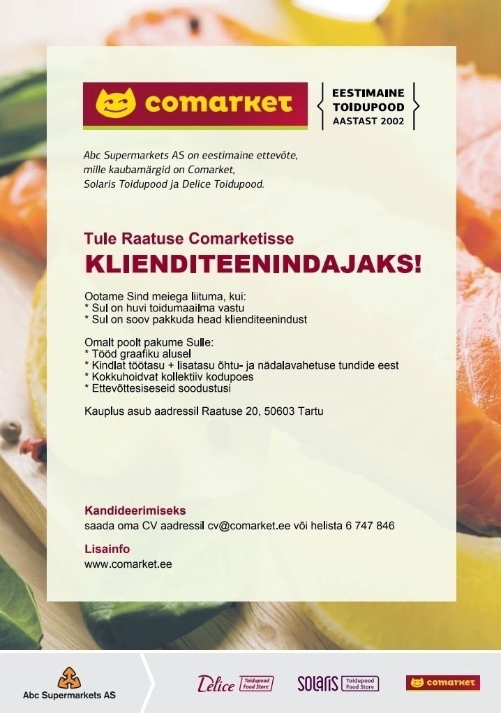 Abc Supermarkets AS KLIENDITEENINDAJA Tartu Raatuse Comarketisse