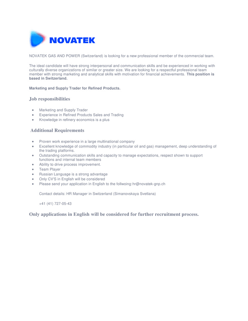 NOVATEK GAS AND POWER  Marketing and Supply Trader for Refined Products